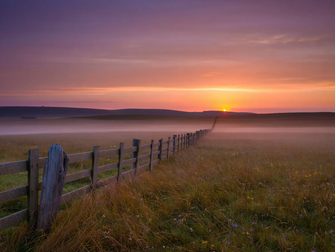 Calming twilight sunset landscape with soft purple hills and warm orange glow