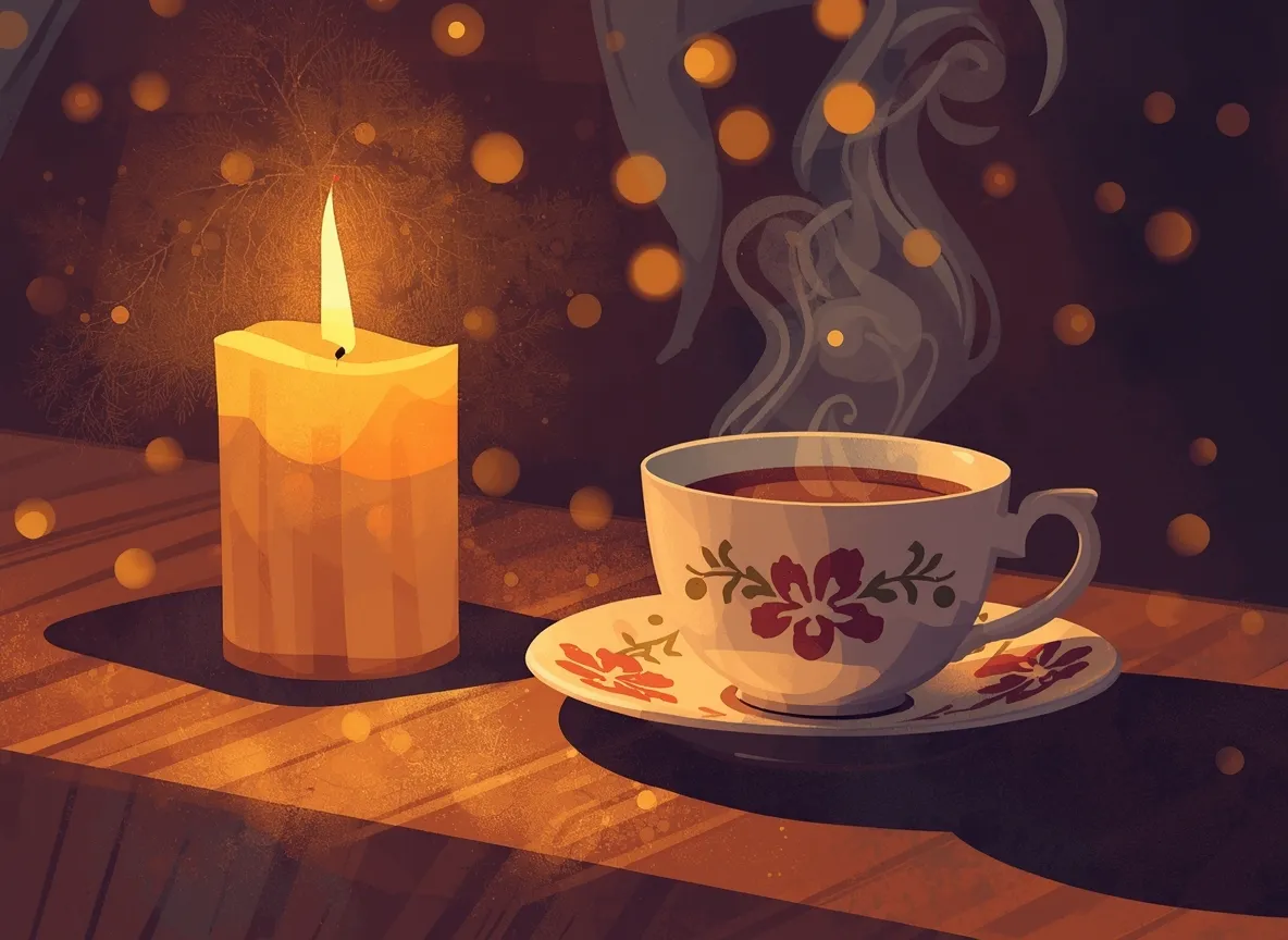Warm candlelight and tea cup illustration representing a calm evening atmosphere
